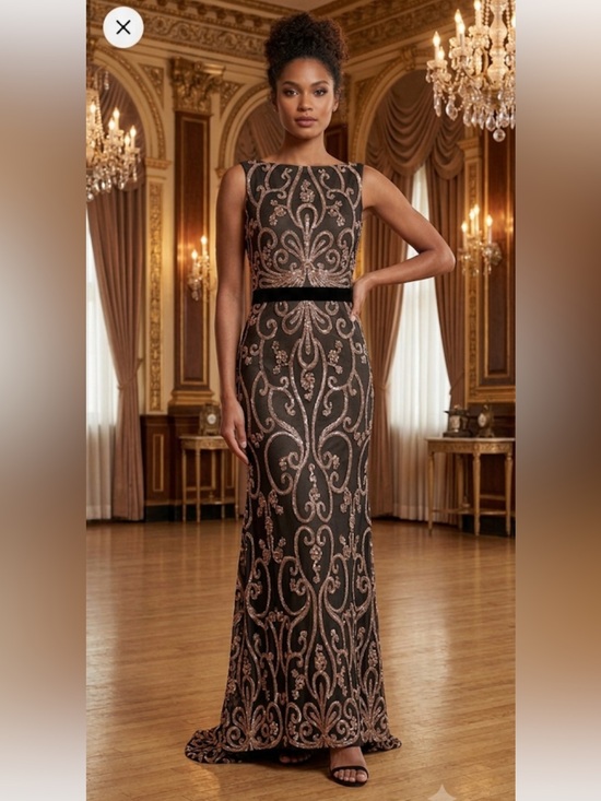 Mon Cheri Dresses & Skirts - Mom Cheri NAVY/BLACK embroidered sleeveless V-back long  gown